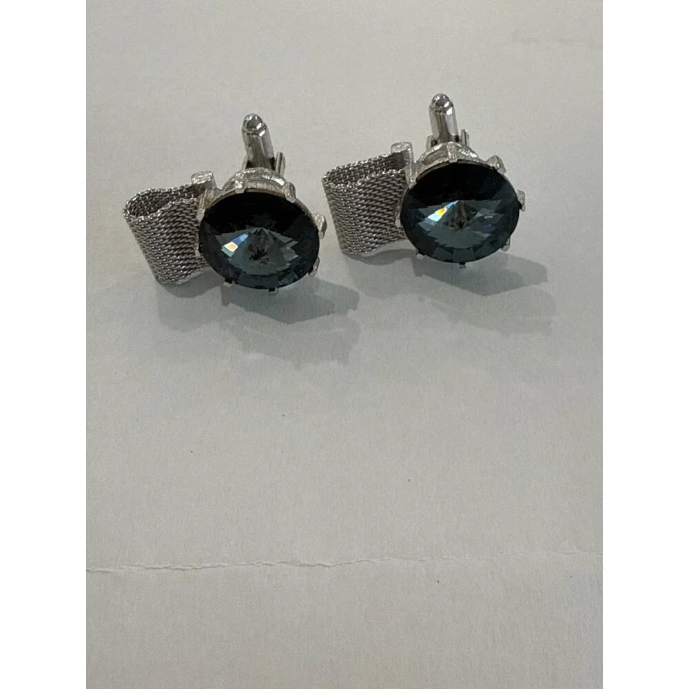 Vintage mesh cufflinks, Blue Black Rivoli Glass stones 2 pair